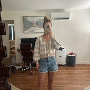 Women's XS White/Beige Argyle Cardigan